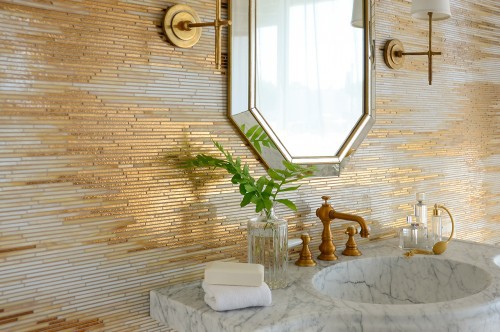 Photo of handmade 24 karat Gold Glass and Agate and Quartz Jewel Glass Mosaic bathroom tile