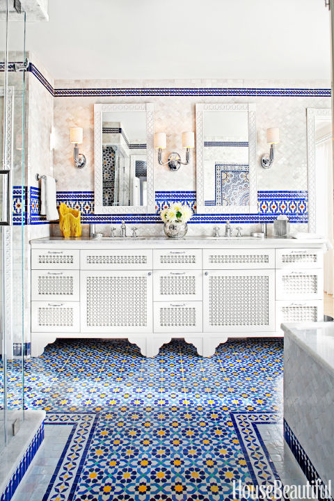 Photograph of bathroom tiles in a Moroccan pattern