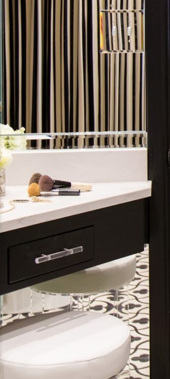 A luxurious black and white bathroom designed by Midland Texas based interior designer, Leslie Hendrix Wood of Leslie Hendrix Wood Interiors 
