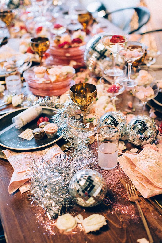 new year's eve tablescape pink and sequins