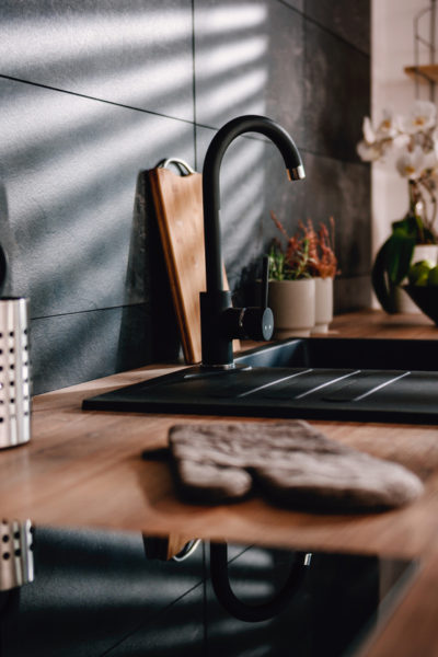 black tile kitchen